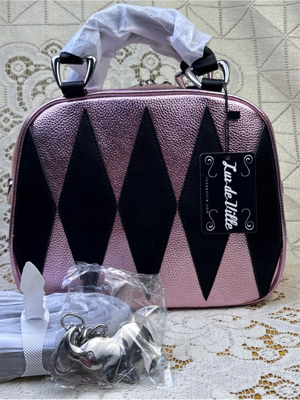 Lux De Ville Metallic Pink Black Diamond Handbag Elephant Charm Rockabilly Pinup